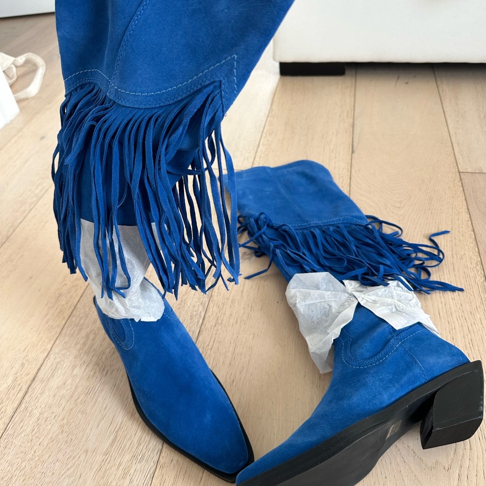 Nasty Gal Electric Blue Suede Over-the-Knee Fringe Boots - Picture 6 of 7